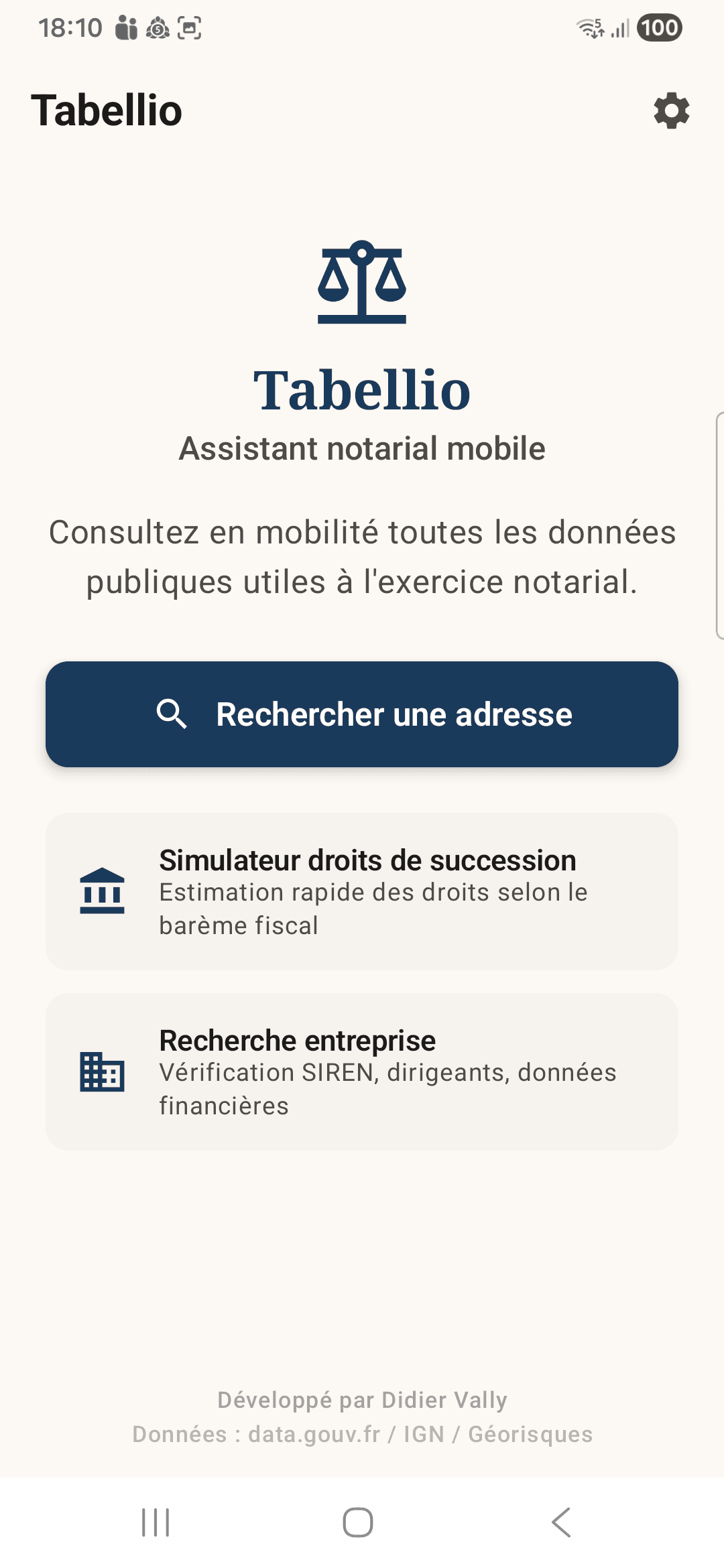Tabellio — Écran d'accueil notarial