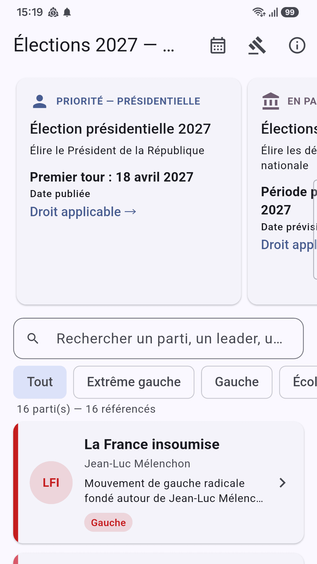 Élections 2027 — écran d'accueil et partis politiques