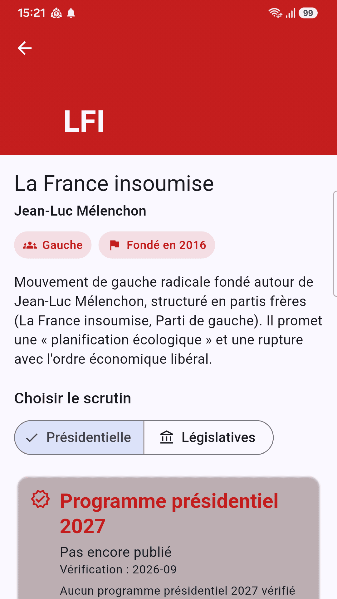 Élections 2027 — fiche d'un parti et synthèse du programme